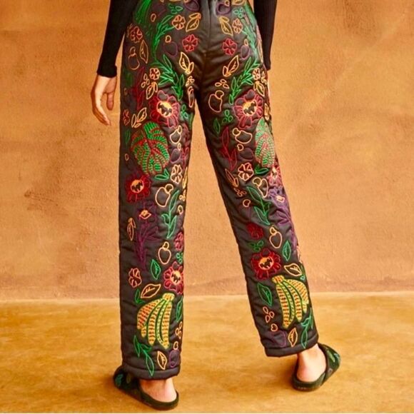 NEW FARM Rio Black Pants Embroidered Intricate Tropical Embroidery Satin Size M - Picture 2 of 15